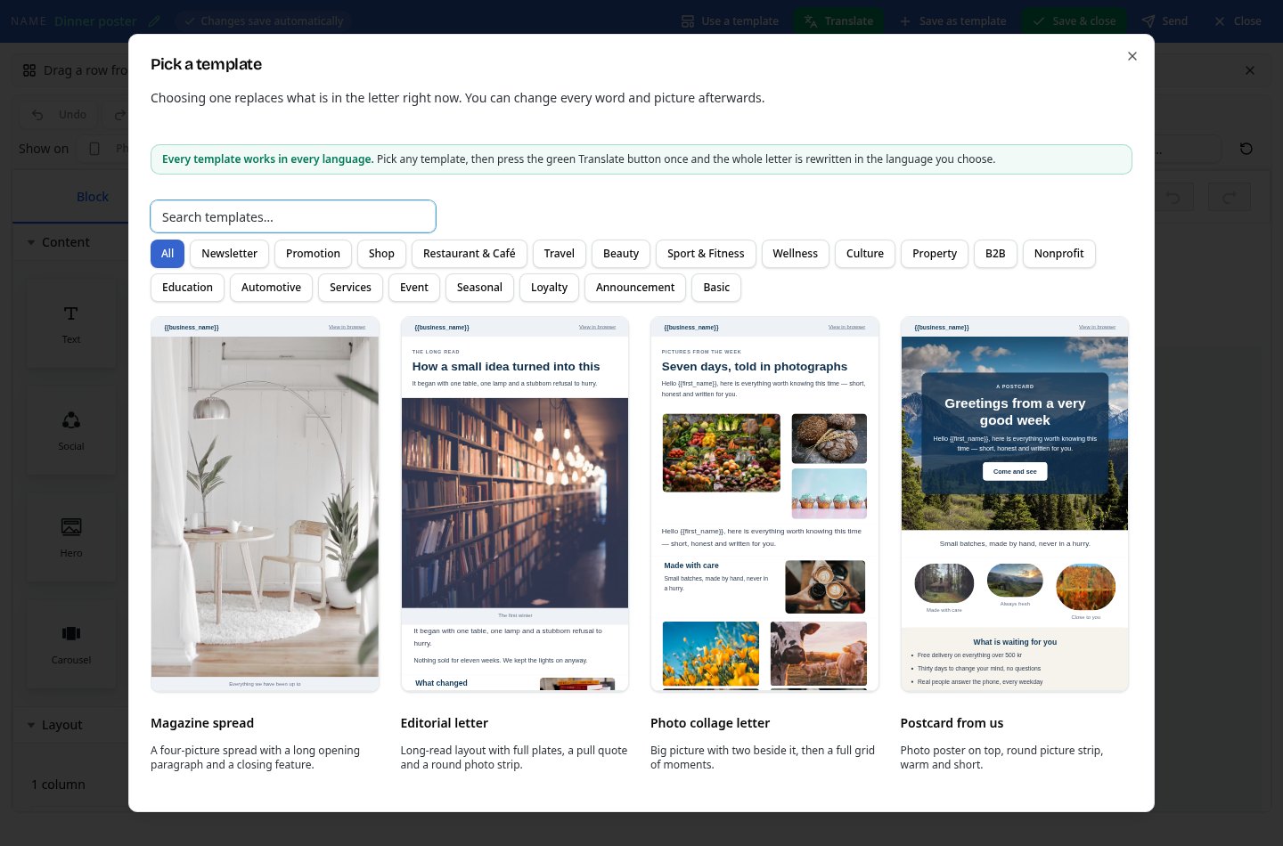 The Pick a template window in Nordletter showing four colourful photo templates