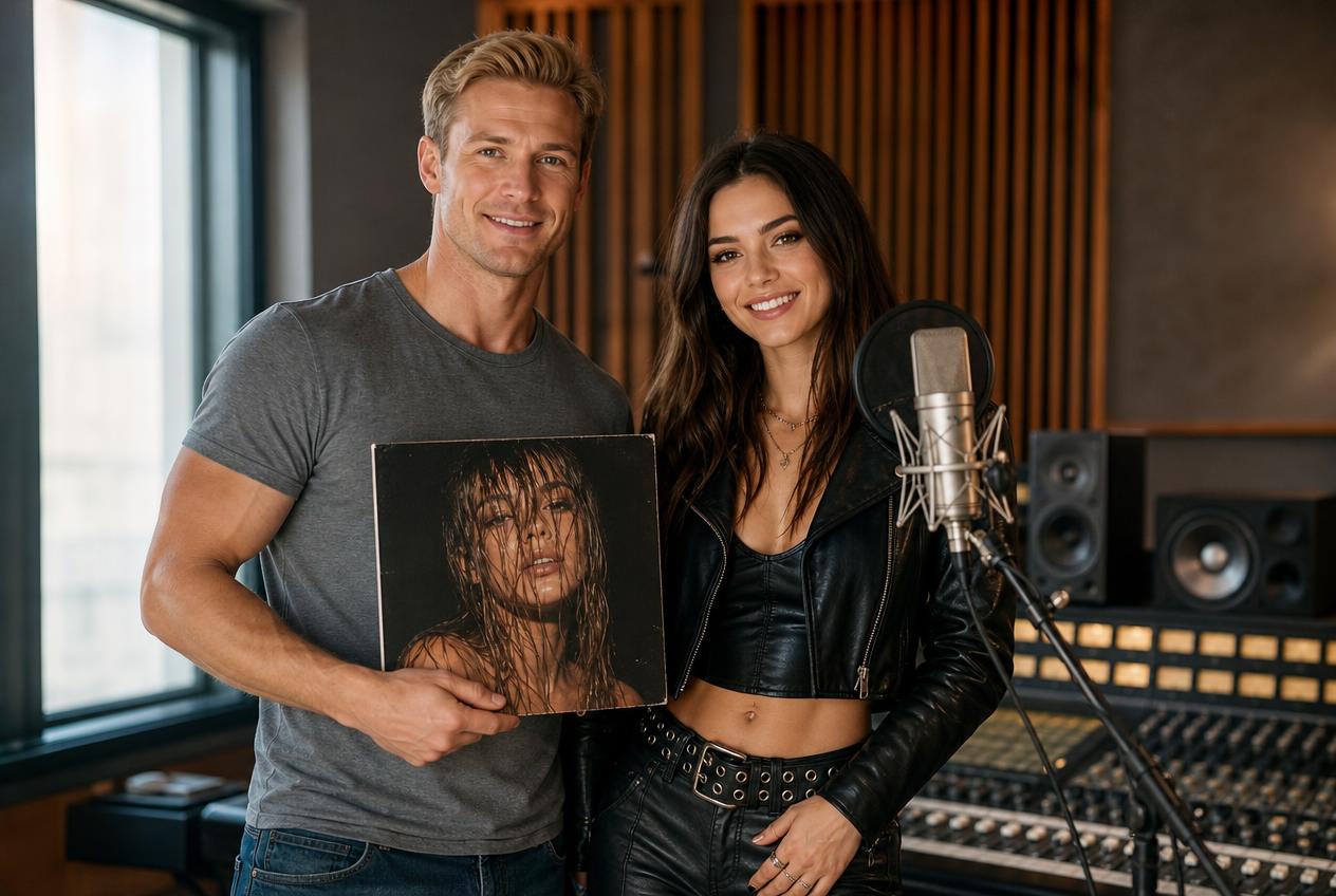 AI presenter holding Maya Nova's Electric Heart album next to the artist in a modern recording studio